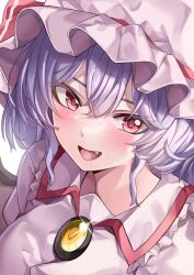 Rule 34 | 1girl, commentary, fang, hat, highres, looking at viewer, mahoro (minase mahoro), mob cap, open mouth, pink hat, purple hair, red eyes, remilia scarlet, short hair, simple background, smile, solo, touhou, upper body, white background