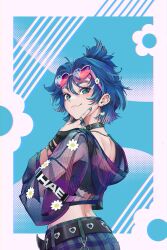 1girl absurdres belt belt_collar black_belt blue_hair closed_mouth collar commentary cowboy_shot english_commentary eyewear_on_head from_behind green_eyes haedgie heart heart-shaped_eyewear highres looking_at_viewer looking_back original short_hair smile solo