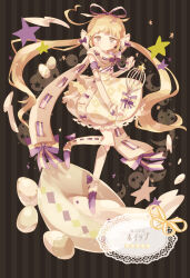 Rule 34 | 1girl, argyle, argyle clothes, argyle dress, blonde hair, boots, bow, bowl, closed mouth, detached sleeves, dress, egg (food), expressionless, flat chest, food, hair ribbon, highres, holding, holding whisk, long hair, looking at viewer, no nose, original, purple bow, purple ribbon, ribbon, ribbon-trimmed scarf, scarf, solo, star (symbol), translation request, twintails, usagi nui, whip (usagi nui), whisk, white scarf, white sleeves, yellow bow, yellow dress, yellow eyes