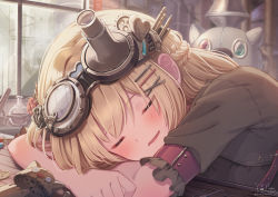 Rule 34 | 1girl, akai haato, blonde hair, blurry, blurry background, braid, brown shirt, closed eyes, commentary request, eyes visible through hair, flask, flower, gears, goggles, goggles on head, haaton (akai haato), hair flower, hair ornament, hairclip, head rest, heart, highres, hololive, indoors, long hair, magowasabi, parted lips, robot, shirt, short sleeves, signature, sleeping, solo, steampunk, twitter username, upper body, virtual youtuber, window, x hair ornament