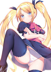 Rule 34 | 1girl, black ribbon, black shirt, black skirt, black thighhighs, blonde hair, blue eyes, bucchake (asami), character request, closed mouth, commission, crossed arms, frown, hair ribbon, leg up, long hair, looking at viewer, miniskirt, panties, pixiv commission, ribbon, shirt, short sleeves, skirt, solo, thighhighs, twintails, underwear, very long hair, white background, white panties
