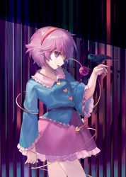 Rule 34 | 1girl, ainy, bad id, bad pixiv id, bird, bird on hand, blue shirt, colored eyelashes, frilled sleeves, frills, hairband, highres, komeiji satori, looking at viewer, miniskirt, open mouth, pink eyes, pink hair, purple skirt, shirt, short hair, skirt, skirt set, solo, third eye, touhou, wide sleeves