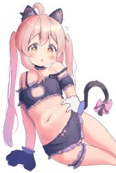 Rule 34 | 1girl, ?, absurdres, ahoge, animal ears, animal hands, belly grab, blonde hair, blush, brown eyes, cat ears, cat lingerie, cat tail, flab, genderswap, genderswap (mtf), gloves, highres, long hair, lying, meme attire, on side, onii-chan wa oshimai!, oyama mahiro, paw gloves, solo, tail, twintails, wasabiyoukan, white background