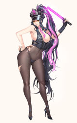 Rule 34 | 1girl, bare shoulders, black footwear, black hair, black pantyhose, bobobong, breasts, cleavage, closed mouth, commentary, covered navel, fate/grand order, fate (series), fingerless gloves, gloves, hand on own hip, hat, high-waist pantyhose, high heels, highres, holding, large breasts, light stick, lips, long hair, looking at viewer, multicolored hair, necktie, pantyhose, peaked cap, pink hair, ponytail, sessyoin kiara, sessyoin kiara (swimsuit mooncancer), sessyoin kiara (swimsuit mooncancer) (second ascension), shiny clothes, simple background, sleeveless, solo, standing, thighs, torn clothes, two-tone hair, very long hair, yellow eyes