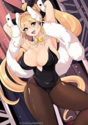 Rule 34 | :d, animal ear headwear, animal ears, armpits, arms behind head, bare shoulders, black gloves, black leotard, blonde hair, blush, bow, bowtie, breasts, brown pantyhose, cleavage, detached collar, dutch angle, fake animal ears, fang, feather boa, ghoulmommie, gloves, goddess of victory: nikke, green eyes, hair between eyes, hair intakes, hair ornament, highleg, highleg leotard, highres, holding, holding pole, large breasts, leotard, long hair, looking to the side, official alternate costume, open mouth, pantyhose, pole, pole dancing, ponytail, rabbit ears, rupee (nikke), rupee (rabbit deluxe) (nikke), smile, strapless, strapless leotard, stripper pole, thigh gap, twitter username, very long hair, wrist cuffs, yellow bow, yellow bowtie