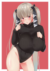Rule 34 | absurdres, alternate costume, azur lane, blush, breasts, covered navel, cowboy shot, formidable (azur lane), groin, hair ribbon, heattech leotard, highres, large breasts, leotard, meme attire, nanohana (november.), pink eyes, ribbed sweater, ribbon, silver hair, sleeves past wrists, sweater, taut clothes, turtleneck, twintails, two-tone ribbon