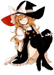 Rule 34 | 1girl, arm support, black footwear, black gloves, black hat, black skirt, black thighhighs, black vest, blonde hair, bow, braid, buttons, closed mouth, double-breasted, fingerless gloves, gloves, green eyes, hair bow, hat, hat bow, head tilt, kirisame marisa, long hair, looking at viewer, necro (nekurodayo), puffy short sleeves, puffy sleeves, shirt, shoes, short sleeves, side braid, simple background, skirt, smile, solo, thighhighs, touhou, vest, white background, white bow, white shirt, witch hat