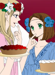 Rule 34 | 2girls, brown hair, cake, cherry, crossdressing, finger in mouth, flower, food, fruit, green eyes, icing, lily (flower), lowres, multiple girls, rose, saotome hinata, shinohara en, trap, usotsuki lily
