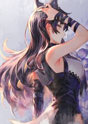 Rule 34 | 1girl, adjusting hair, animal ear fluff, animal ears, arm ribbon, armpits, bare shoulders, black dress, black hair, black scarf, blake belladonna, cat ears, coattails, commentary, detached sleeves, dress, english commentary, extra ears, from side, tucking hair, highres, izumi sai, long hair, looking to the side, profile, ribbon, rwby, scarf, shirt, sleeveless, sleeveless shirt, solo, yellow eyes