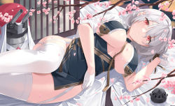 Rule 34 | 1girl, azur lane, basil (st 1), blush, branch, breast curtains, breasts, censer, cherry blossoms, china dress, chinese clothes, dress, garter straps, gloves, grey dress, half gloves, large breasts, looking at viewer, lying, neckwear between breasts, on side, open mouth, pelvic curtain, red eyes, revealing clothes, short hair, sirius (azur lane), sirius (azure horizons) (azur lane), solo, thighhighs, thighs, turret, underboob, white gloves, white hair, white thighhighs