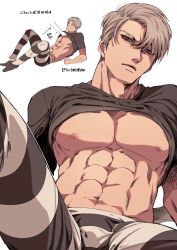 Rule 34 | 1boy, abs, bara, bare pectorals, black sclera, brown shirt, clothes lift, colored sclera, highres, jojo no kimyou na bouken, large pectorals, male focus, mature male, multiple views, muscular, muscular male, navel, nipples, ootkn soo, pectorals, red eyes, risotto nero, shirt, shirt lift, stomach, translation request, underpec, vento aureo, white hair