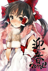 Rule 34 | 1girl, black hair, blush, bow, detached sleeves, dress, female focus, gloves, grey eyes, hair bow, hair tubes, hakurei reimu, happy new year, highres, long sleeves, looking at viewer, new year, open mouth, ponytail, red dress, scarf, solo, touhou, wide sleeves, winter, yana mori