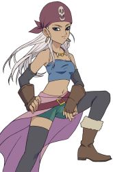 Rule 34 | 1girl, bandana, belt, blue dragon, blue eyes, breasts, cleavage, closed mouth, dark-skinned female, dark skin, detached sleeves, earrings, fingerless gloves, gloves, highres, jewelry, long hair, looking at viewer, midriff, necklace, shorts, silver hair, simple background, solo, strapless, thighhighs, tube top, white background, zola (blue dragon)