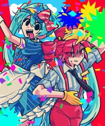 Rule 34 | 2girls, arm up, black eyes, black mouth, blue dress, blue hair, buttons, confetti, double-breasted, dress, drill hair, frilled dress, frills, gloves, hat, hatsune miku, highres, kasane teto, long hair, looking at viewer, mesmerizer (vocaloid), multiple girls, open mouth, pants, pink eyes, pink hair, pink hat, pink pants, pinstripe dress, pinstripe pattern, puffy short sleeves, puffy sleeves, seriyaki110, sharp teeth, shirt, short sleeves, smile, striped clothes, striped shirt, suspenders, teeth, tongue, tongue out, tridecagram, twin drills, twintails, utau, very long hair, vocaloid, waitress, yellow gloves