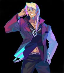 Rule 34 | 1boy, ace attorney, black pants, black shirt, blonde hair, blue eyes, chain, chain belt, chain necklace, collared jacket, collared shirt, cowboy shot, dark-skinned male, dark skin, denaseey, drill hair, earrings, hand on own hip, highres, jacket, jewelry, klavier gavin, male focus, navel, necklace, one eye closed, pants, pectoral cleavage, pectorals, red jacket, shirt, smile