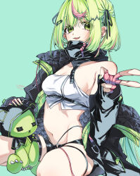 Rule 34 | 1girl, black jacket, black panties, black shorts, blue background, breasts, cleavage, commentary request, earclip, earrings, fingerless gloves, full body, gloves, green eyes, green hair, green nails, hair ornament, hairclip, highleg, highleg panties, highres, hinokuma ran, jacket, jewelry, looking at viewer, medium bangs, multicolored hair, multiple earrings, nanashi inc., navel, off shoulder, open clothes, open jacket, open mouth, panties, pink gloves, pink hair, seiza, short hair, shorts, sideboob, simple background, sitting, small breasts, solo, strapless, streaked hair, stud earrings, stuffed animal, stuffed toy, teddy bear, toridesu949914, tube top, two-tone hair, underwear, virtual youtuber, white tube top