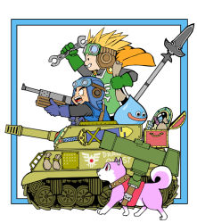 Rule 34 | 1girl, 2boys, blonde hair, blue gloves, commentary request, crossover, dog, dragon quest, dragon quest ii, gloves, goggles, metal max, military, military vehicle, millipen (medium), motor vehicle, multiple boys, outside border, pilot helmet, polearm, prince of lorasia, prince of samantoria, princess of moonbrook, shiba inu, short hair, slime (dragon quest), spear, spiked hair, sword, tank, traditional media, treasure chest, walking, weapon