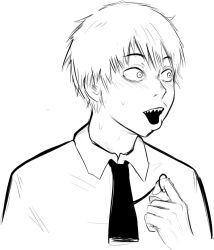 Rule 34 | 1boy, black necktie, chainsaw man, collared shirt, denji (chainsaw man), greyscale, looking to the side, male focus, monochrome, necktie, nyxkz, open mouth, pogchamp (meme), pull cord, sharp teeth, shirt, short hair, simple background, solo, teeth, white background, white hair, white shirt