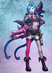 Rule 34 | 1girl, absurdres, blue hair, braid, bullet, fingerless gloves, gloves, hella p, highres, jewelry, jinx (league of legends), league of legends, long hair, necklace, pink eyes, smile, solo, tattoo, twin braids, very long hair, weapon