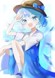 Rule 34 | 07 nagii, 1girl, :d, arm up, blue eyes, blue hair, blush, bow, brown hat, cirno, hat, hat bow, highres, ice, looking at viewer, open mouth, salute, shirt, shoes, short hair, short sleeves, smile, solo, split mouth, touhou, white legwear, white shirt, wings
