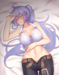 Rule 34 | 1girl, ahoge, arm up, armpits, bare shoulders, bed sheet, belt, belt buckle, black pants, blush, braid, breasts, buckle, cleavage, collarbone, collared shirt, commentary request, crop top, dutch angle, etan14, fingernails, from above, granblue fantasy, hair between eyes, hair tie, hand on own stomach, head tilt, highres, large breasts, long hair, looking at viewer, lying, navel, on back, open belt, open fly, open mouth, open pants, pants, pink lips, ponytail, shirt, silva (granblue fantasy), silver hair, solo, stomach, sweat, twin braids, unbuttoned, unzipped, very long hair