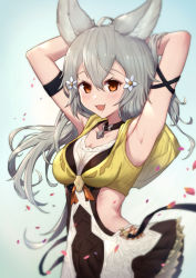 Rule 34 | 1girl, :d, ahoge, animal ears, armpits, arms behind head, arms up, black dress, blush, breasts, brown eyes, cleavage, clothing cutout, collarbone, commentary, dress, erune, eyebrows hidden by hair, fang, floating hair, flower, granblue fantasy, grey hair, hair between eyes, hair flower, hair ornament, highres, hood, hood down, long hair, looking at viewer, medium breasts, open mouth, petals, sen (granblue fantasy), side cutout, sleeveless, sleeveless dress, smile, solo, symbol-only commentary, uneg, very long hair, white flower