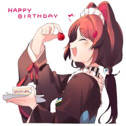 Rule 34 | 1girl, :d, animal ears, brown hair, cake, cake slice, closed eyes, dog ears, dog hair ornament, fang, food, from side, fruit, hair ornament, happy birthday, holding, holding food, holding fruit, holding plate, inui toko, inui toko (1st costume), long hair, long sleeves, maid headdress, nijisanji, open mouth, plate, smile, solo, strawberry, strawberry shortcake, sukuna136, twintails, upper body, virtual youtuber