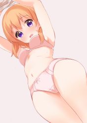 Rule 34 | 1girl, armpits, arms up, blush, bow, bow bra, bow panties, bra, breasts, brown hair, commentary request, dutch angle, from below, gochuumon wa usagi desu ka?, grey background, guraasan, hair between eyes, highres, hoto cocoa, long hair, looking at viewer, looking down, medium breasts, navel, open mouth, panties, purple eyes, simple background, solo, sweat, underwear, underwear only, undressing, wavy mouth, white bra, white panties