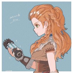 Rule 34 | 1girl, 2023, aloy (horizon), artist name, braid, character name, commentary, explosive, freckles, genshin impact, green eyes, grenade, happy birthday, holding, holding grenade, horizon (video game), horizon zero dawn, long hair, looking at object, ominemmist, orange hair, parted lips, simple background, solo, upper body