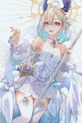 Rule 34 | 1girl, absurdres, aqua nails, bird girl, blonde hair, blue hair, blush, bob cut, boots, breasts, commentary, crystal wings, dress, english commentary, enna alouette, enna alouette (2nd costume), ethyria, flower, frilled dress, frills, garter straps, gradient hair, hair flower, hair ornament, halo, highres, knee boots, looking afar, multicolored eyes, multicolored hair, nail polish, nijisanji, nijisanji en, official alternate costume, pleated dress, puffy sleeves, purple eyes, shei99, short hair, signature, simple background, small breasts, smile, solo, staff, thighhighs, veil, virtual youtuber, waist cape, white background, white dress, white flower, white footwear, white thighhighs, yellow eyes
