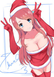 Rule 34 | 1girl, alternate costume, bare shoulders, blush, boots, bow, breasts, christmas, cleavage, collarbone, commentary request, double v, elbow gloves, full body, gloves, hat, kaname (melaninusa09), large breasts, long hair, looking at viewer, minamoto sakura, pink hair, red footwear, red gloves, red hair, red thighhighs, santa costume, santa hat, signature, simple background, solo, teeth, thigh boots, thighhighs, v, white background, zombie land saga