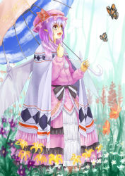 Rule 34 | 1girl, alternate costume, bad id, bad pixiv id, bat wings, bug, butterfly, dress, fang, female focus, flower, hat, bug, light purple hair, nishiuri, open mouth, parasol, pointy ears, poncho, red eyes, remilia scarlet, scarf, short hair, sky print, solo, touhou, umbrella, wings