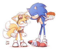 Rule 34 | 2boys, amy7996659, anger vein, animal ear fluff, animal ears, animal nose, annoyed, artist name, bandaged arm, bandaged leg, bandages, belt, blue eyes, blush, body fur, brown belt, brown scarf, chili dog, eyewear on head, food, fox boy, fox ears, fox tail, full body, furry, furry male, glasses, gloves, green eyes, half-closed eyes, hand on another&#039;s head, hands up, hedgehog, hedgehog ears, hedgehog tail, highres, holding, holding food, looking at another, male focus, multiple boys, multiple tails, red footwear, round eyewear, scarf, shadow, shoes, simple background, smile, smug, sneakers, socks, sonic (series), sonic boom (series), sonic the hedgehog, standing, tail, tails (sonic), tears, teeth, two tails, white background, white gloves, white socks, yellow fur