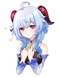 Rule 34 | 1girl, ahoge, bare shoulders, bell, blue hair, breasts, closed mouth, cowbell, cropped torso, detached collar, detached sleeves, ganyu (genshin impact), genshin impact, goat horns, gou lianlian dogface, hands on own chest, heart, highres, horns, long hair, long sleeves, looking at viewer, medium breasts, purple eyes, simple background, smile, solo, white background