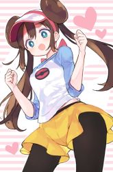 Rule 34 | 1girl, :d, black pantyhose, blue eyes, blush, breasts, brown hair, commentary, cowboy shot, creatures (company), double bun, from below, game freak, hair between eyes, hair bun, hands up, heart, heart background, highres, hiyo kiki, long hair, long sleeves, nintendo, open mouth, pantyhose, pantyhose under shorts, pink background, pleated skirt, pokemon, pokemon bw2, pokemon masters ex, raglan sleeves, rosa (pokemon), shorts, sidelocks, skirt, small breasts, smile, solo, standing, striped, striped background, twintails, very long hair, visor cap, white background, yellow shorts