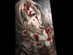 Rule 34 | 1girl, blood, curly hair, game cg, jacket, lips, long hair, looking at viewer, looking up, open mouth, rope, sasaki yuka, solo, stain, swan song