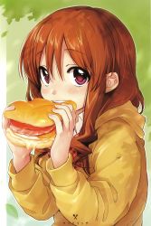 Rule 34 | 10s, 1girl, blush, bow, bowtie, bread, brown hair, cheese, collar, eating, egg, fingernails, food, hair between eyes, highres, holding, holding food, kawai makoto, koufuku graffiti, long hair, long sleeves, looking at viewer, machiko ryou, meat, open mouth, pink eyes, plaid, plaid bow, plaid bowtie, plaid neckwear, red bow, red bowtie, sandwich, school uniform, solo, sweater, teeth, tomato, upper body, white collar, wing collar, yellow sweater