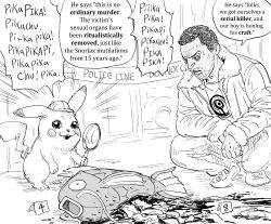 Rule 34 | bb (baalbuddy), blood, cigarette, clothed pokemon, commentary, creatures (company), detective pikachu, detective pikachu (character), emphasis lines, english commentary, english text, facial hair, game freak, gen 1 pokemon, greyscale, highres, holding, holding magnifying glass, jacket, magikarp, magnifying glass, monochrome, mouth hold, nintendo, open mouth, parody, parted lips, pikachu, pokemon, pokemon (creature), police, short hair, simple background, squatting, stubble, sweatdrop, very short hair, white background