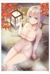 Rule 34 | 1girl, absurdres, arm support, artist name, autumn leaves, bare arms, bare shoulders, blonde hair, blue eyes, blush, breasts, cleavage, closed mouth, collarbone, hand up, highres, kuroe (sugarberry), large breasts, lips, long hair, looking at viewer, naked towel, onsen, page number, partially submerged, scan, shiny skin, sidelocks, sitting, smile, solo, steam, toranoana, towel, water, white towel