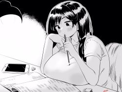 Rule 34 | 1girl, blush, book, breasts, cellphone, closed mouth, greyscale, highres, holding, holding pencil, huge breasts, lamp, large breasts, lighter, long hair, monochrome, open book, original, pencil, phone, reading, ryusei hashida, short sleeves, signature, sitting, smartphone, solo