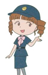 1girl :d arm_at_side belt black_pantyhose blunt_bangs bow bowtie brown_eyes brown_hair chibi_maruko-chan child cosplay drill_hair flight_attendant flight_attendant_hat formal_clothes hand_up hat jougasaki_himeko looking_at_viewer no_sclera official_art open_mouth pantyhose parted_bangs pink_bow pink_bowtie short_sleeves simple_background skirt smile solo suit travel_attendant twin_drills twintails uniform white_background