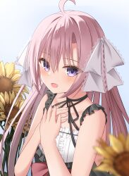 1girl :d absurdres ahoge backlighting bare_arms black_ribbon blurry blush center_frills collarbone commentary day depth_of_field eyes_visible_through_hair flower frilled_shirt frills hair_between_eyes hair_ribbon hands_on_own_chest happy highres himawari_no_kyoukai_to_nagai_natsuyasumi lace lace-trimmed_ribbon lace_trim long_hair looking_at_viewer natsusaki_yomi neck_ribbon open_mouth outdoors pink_hair purple_eyes ribbon shirt sleeveless sleeveless_shirt smile solo spaghetti_strap straight_hair sunflower takagi-18102817 tsurime two_side_up upper_body white_ribbon white_shirt