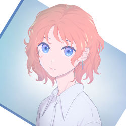Rule 34 | 1girl, absurdres, blue eyes, closed mouth, collared shirt, cross, earrings, face, highres, jewelry, looking at viewer, orange hair, original, shirt, short hair, sjuno, solo, white shirt