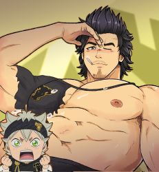 Rule 34 | 2boys, abs, asta (black clover), bara, bare pectorals, biceps, black capelet, black clover, black hair, black pants, blush, capelet, chibi, chibi inset, facial hair, from below, goatee, highres, kir (kir keropi), large pectorals, long sideburns, looking at viewer, male focus, mature male, multiple boys, muscular, muscular male, navel, navel hair, nipples, nose blush, one eye closed, pants, pectorals, short hair, sideburns, spiked hair, stomach, thick eyebrows, torn capelet, torn clothes, yami sukehiro, yaoi