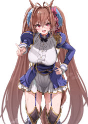 Rule 34 | 1girl, :d, absurdres, animal ears, antenna hair, bad id, bad pixiv id, blue jacket, blue skirt, blush, boots, bow, breasts, brown hair, center frills, commentary request, daiwa scarlet (umamusume), epaulettes, fang, frills, garter straps, hair between eyes, hair bow, hair intakes, hand on own hip, highres, horse ears, jacket, juliet sleeves, knee boots, large breasts, long hair, long sleeves, looking at viewer, open mouth, outstretched arm, pizzasi, puffy sleeves, red bow, red eyes, shirt, simple background, skirt, smile, solo, sweat, twintails, umamusume, v-shaped eyebrows, very long hair, white background, white footwear, white shirt