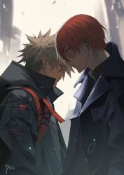 Rule 34 | 2boys, absurdres, bakugou katsuki, bani-lizo, black sweater, blonde hair, blue coat, boku no hero academia, coat, collared coat, collared jacket, from side, grey jacket, hair between eyes, highres, jacket, lapels, long sleeves, male focus, multicolored hair, multiple boys, notched lapels, open clothes, open coat, parted lips, red hair, short hair, signature, spiked hair, sweater, todoroki shouto, turtleneck, turtleneck sweater, two-tone hair, upper body, white hair