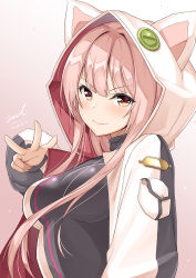 Rule 34 | 1girl, animal hood, black shirt, breasts, dated, girls&#039; frontline, gradient background, hair intakes, hand up, hood, hooded jacket, jacket, long sleeves, looking at viewer, medium breasts, open clothes, open jacket, pink background, pink hair, shirt, signature, solo, ukm-2000 (girls&#039; frontline), unel, upper body, v-shaped eyebrows, w, white jacket, yellow eyes