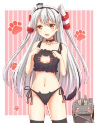 Rule 34 | 10s, 1girl, :o, alternate costume, amatsukaze (kancolle), animal hands, bell, black bra, black panties, black thighhighs, blush, blush stickers, bra, breasts, brown eyes, cat cutout, cat ear panties, cat lingerie, cat paws, choker, cleavage, cleavage cutout, clenched hand, clothing cutout, collar, collarbone, cowboy shot, embarrassed, frilled bra, frills, hair tubes, hairband, headgear, jingle bell, kantai collection, legs apart, lingerie, long hair, looking at viewer, machinery, meme attire, navel, neck bell, o o, ookawa wataru, open mouth, outside border, panties, parted bangs, paw print, pink background, raised eyebrows, rensouhou-kun, robot, side-tie panties, silver hair, small breasts, standing, striped, striped background, tail, thighhighs, turret, underwear, underwear only, vertical stripes, very long hair