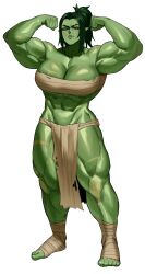 1girl absurdres bandaged_foot bandages breasts chest_sarashi cleavage colored_skin female_orc flexing full_body green_eyes green_hair green_skin highres large_breasts loincloth muscular muscular_female narrowed_eyes orc original pointy_ears ponytail sarashi scar scars_all_over simple_background solo sotcho too_many tusks white_background