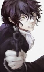 Rule 34 | 1boy, aiming, aiming at viewer, anger vein, ascot, black hair, clenched teeth, finger on trigger, formal, gilbert nightray, gun, hair between eyes, hand up, handgun, holding, holding gun, holding weapon, long sleeves, looking at viewer, male focus, motion blur, outstretched arm, pandora hearts, short hair, simple background, solo, swilhelm, teeth, upper body, weapon, white ascot, white background, yellow eyes